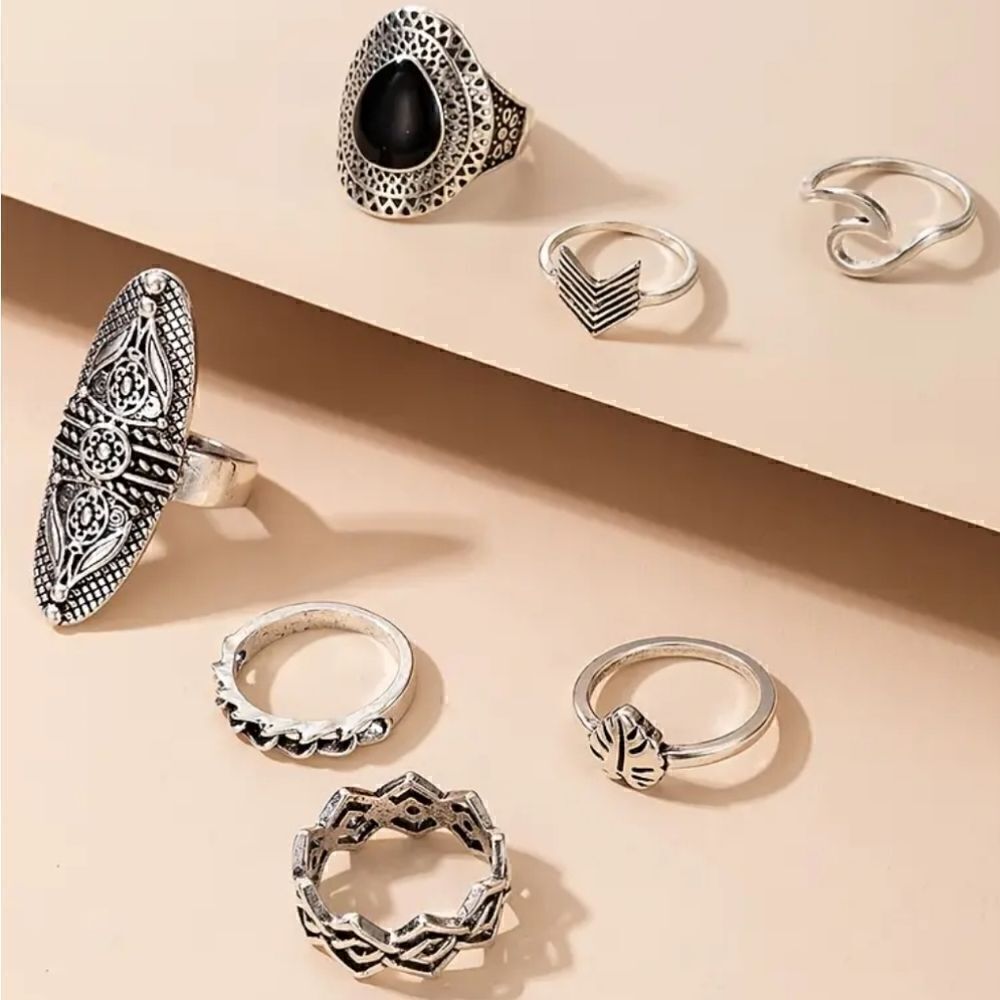 Vintage Boho Stackable Knuckle Rings 7 Piece Set Silver Tone Alloy